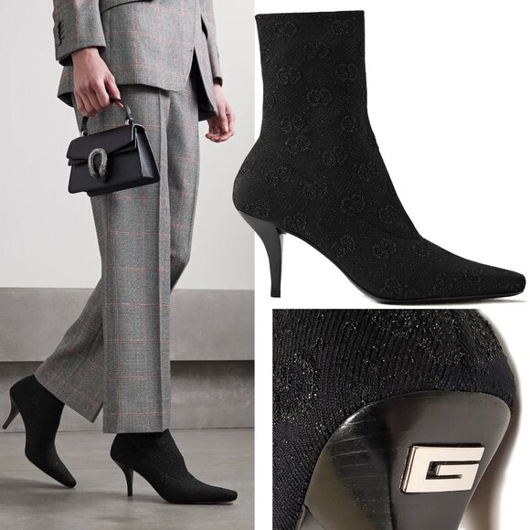GUCCI BOOTS TOM TECHNICAL GG LOGO BLACK JERSEY DOUBLE G LOGO HEEL sz 39 9 - Picture 1 of 15